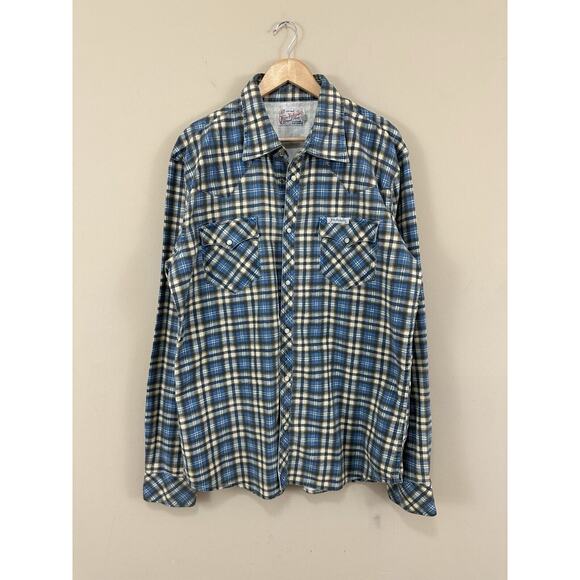 True Religion Trading Co Indian Embroidered Blue Plaid Pearl Snap Shirt Mens 3XL - Picture 1 of 13